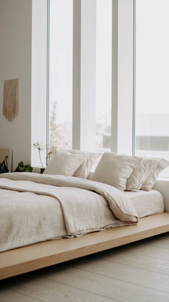 Low-profile bed with light-colored linens