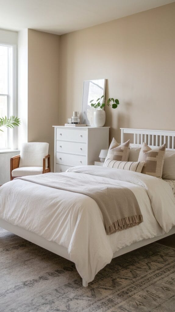 White bedding with neutral-toned throw pillows