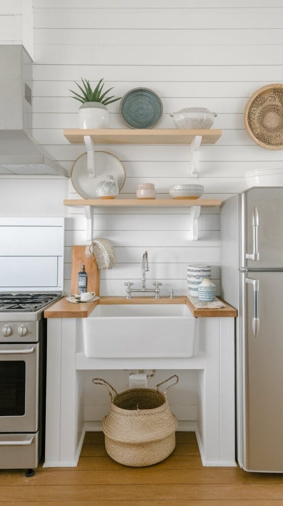 Floating wooden shelves in a minimalist coastal kitchen with stylish decor.