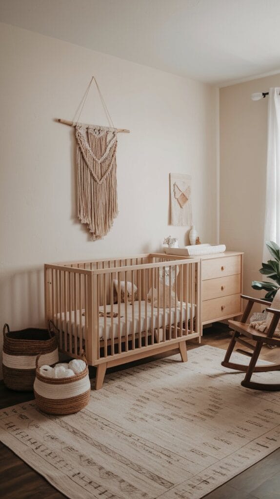 Boho minimalist nursery with natural textures and woven accents.