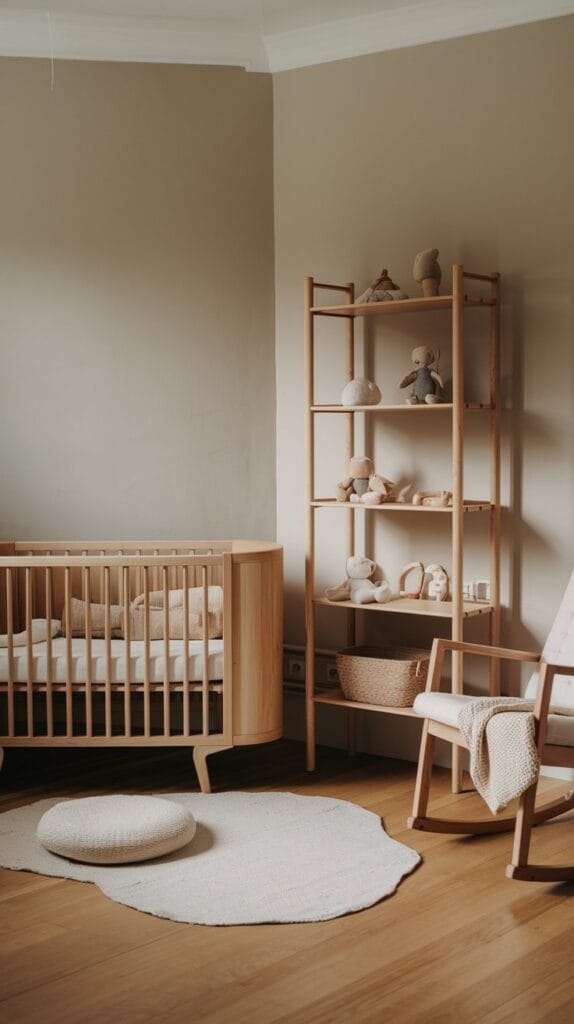 Minimalist nursery with timeless wooden accents and natural textures.