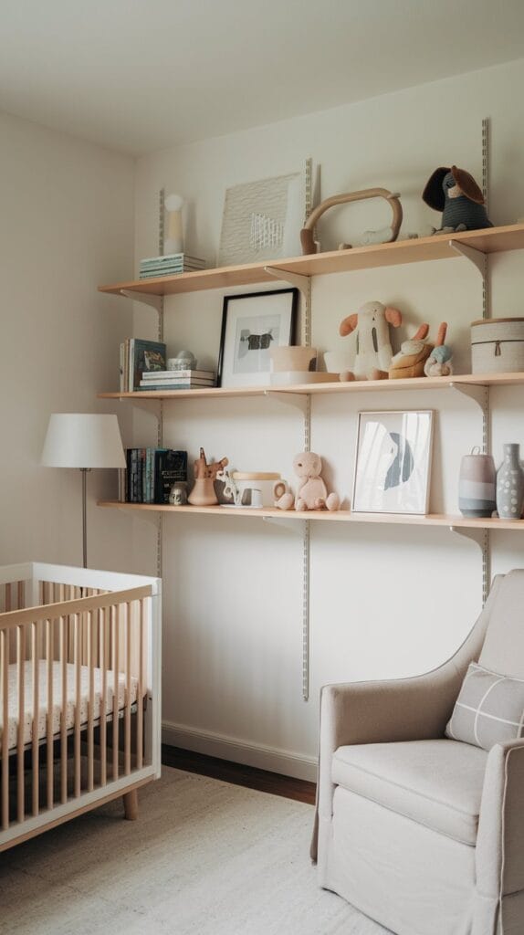 Minimalist nursery with floating shelves for storage and clean decor.