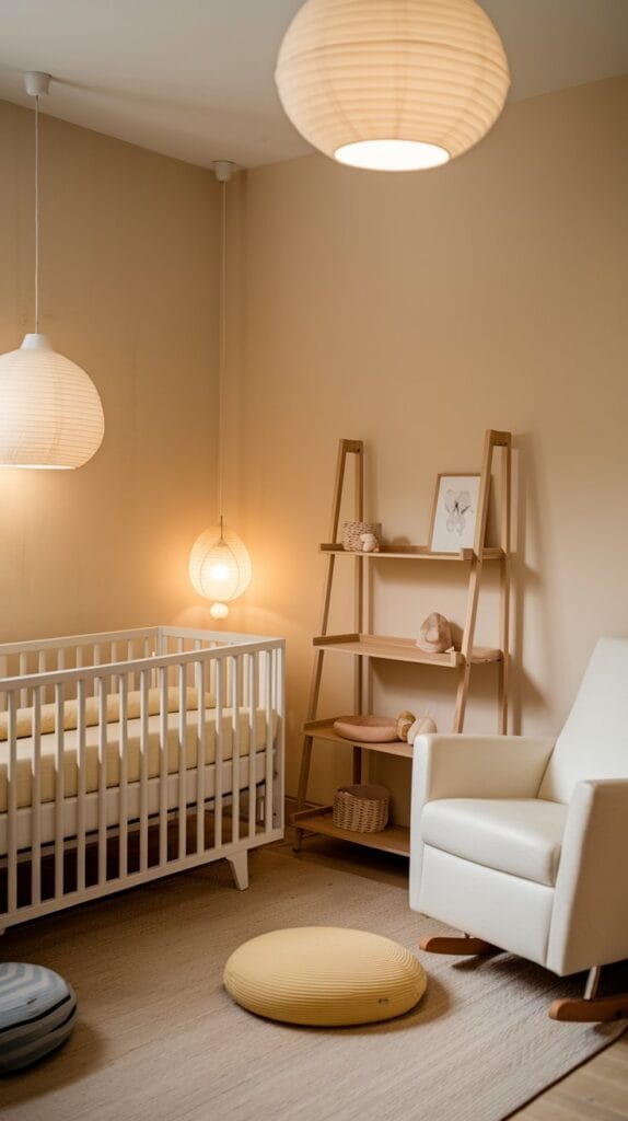 Minimalist nursery with soft lighting for a serene and calming atmosphere.