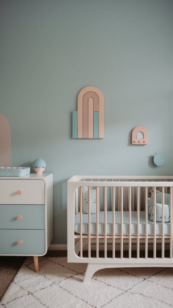 Minimalist nursery with subtle whimsical elements and playful accents.