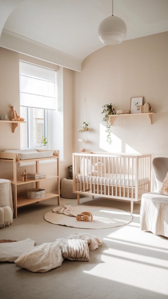 Scandinavian-inspired minimalist nursery with light wood furniture and natural light.