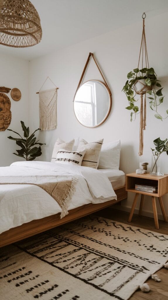 Minimalist boho bedroom with cozy decor and clean styling.
