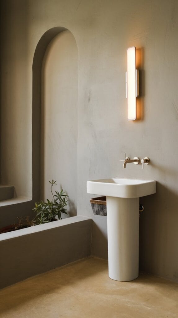 Classic pedestal sink with modern lighting in a clean, minimalist bathroom.