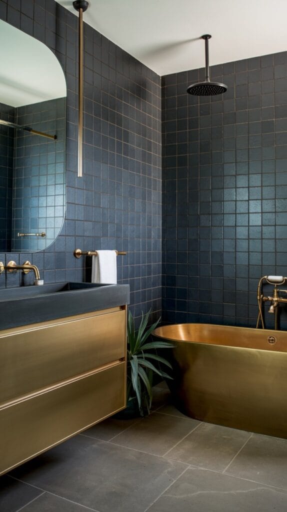 Brass accents with matte black fixtures in a stylish bathroom.