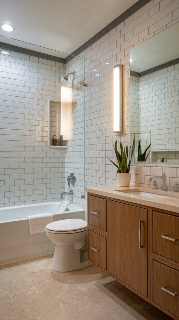 Retro subway tiles with sleek vanities in a modern bathroom.
