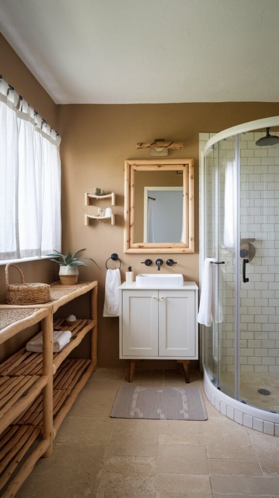 Natural wood accents enhance a coastal bathroom's rustic charm.