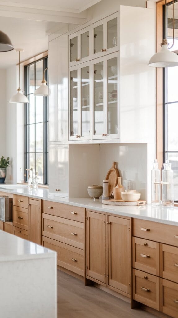 Coastal kitchen with two-tone cabinetry featuring white uppers and a warm wood base.
