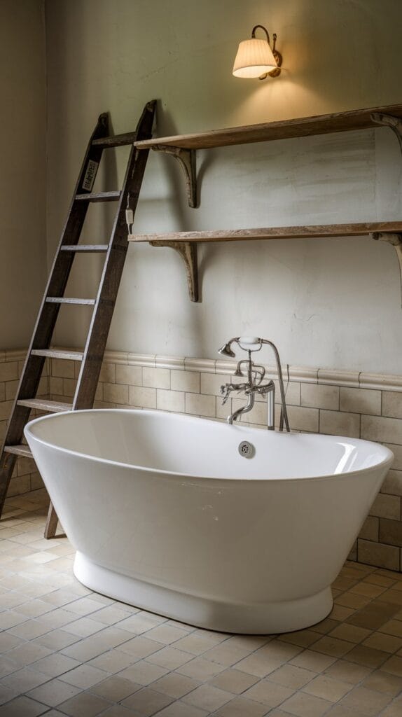 Freestanding modern bathtub with vintage decor elements.