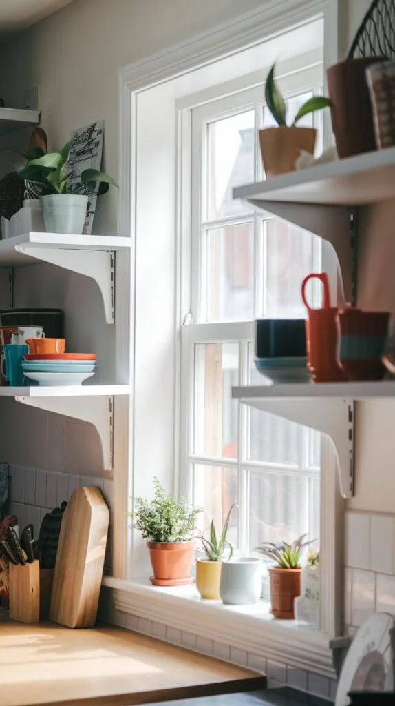 Open shelving display with colorful mugs and plates in a cozy kitchen window.