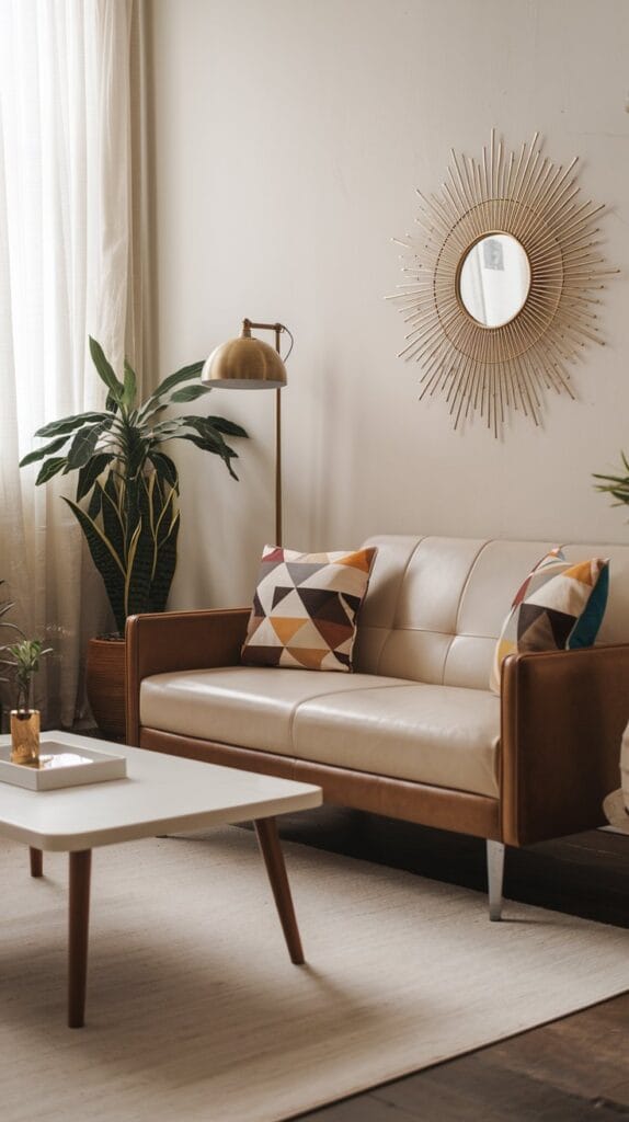 Living room with retro accents, including geometric cushions and a sunburst mirror.