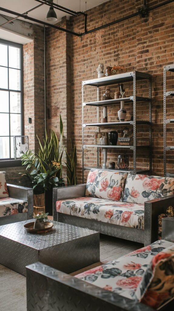 An industrial loft with metal accents and floral prints, blending hard and soft elements.