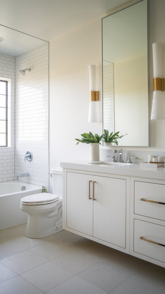 A minimalist vanity with clean lines and a sleek design in a coastal bathroom.