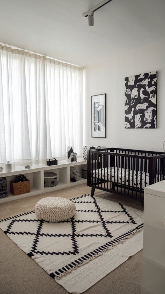 Monochrome nursery with black and white accents, bold contrasts, and minimalist design.