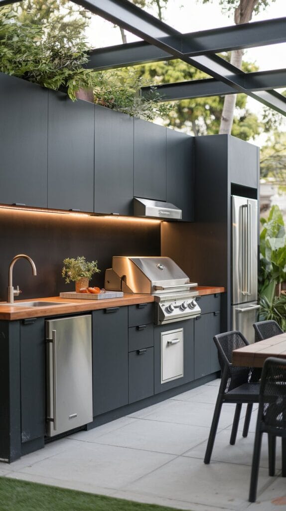 Modern black and wood outdoor kitchen with sleek design.