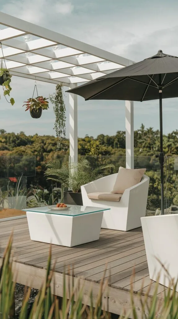 Contemporary sun deck with sleek furniture and shaded areas.