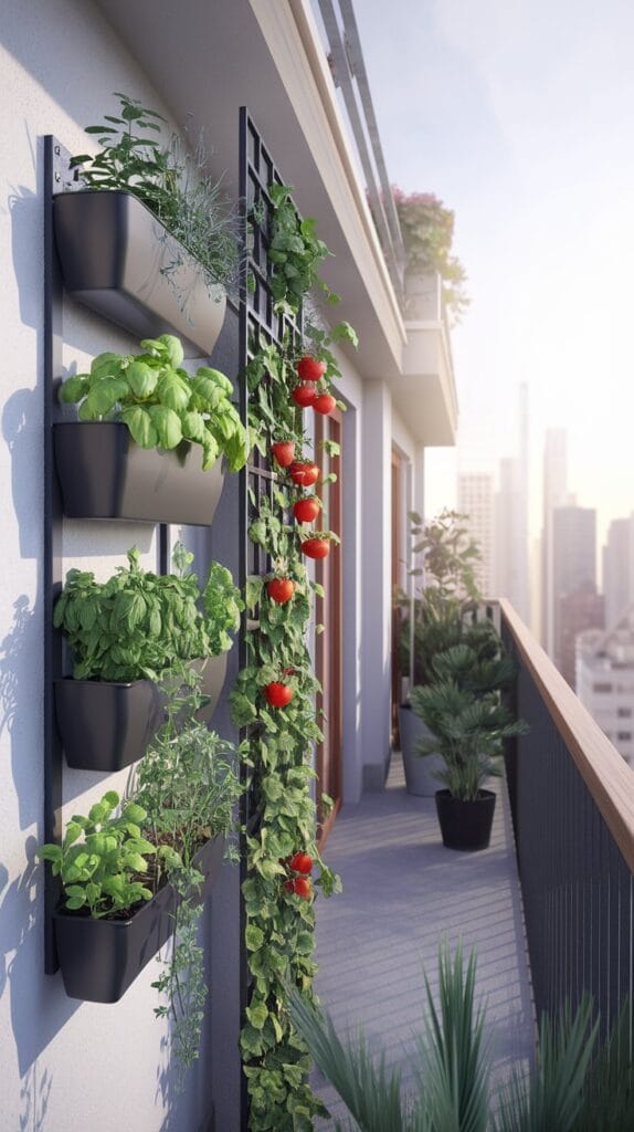 Vertical garden on small balcony with herbs and climbing plants for space-saving greenery.