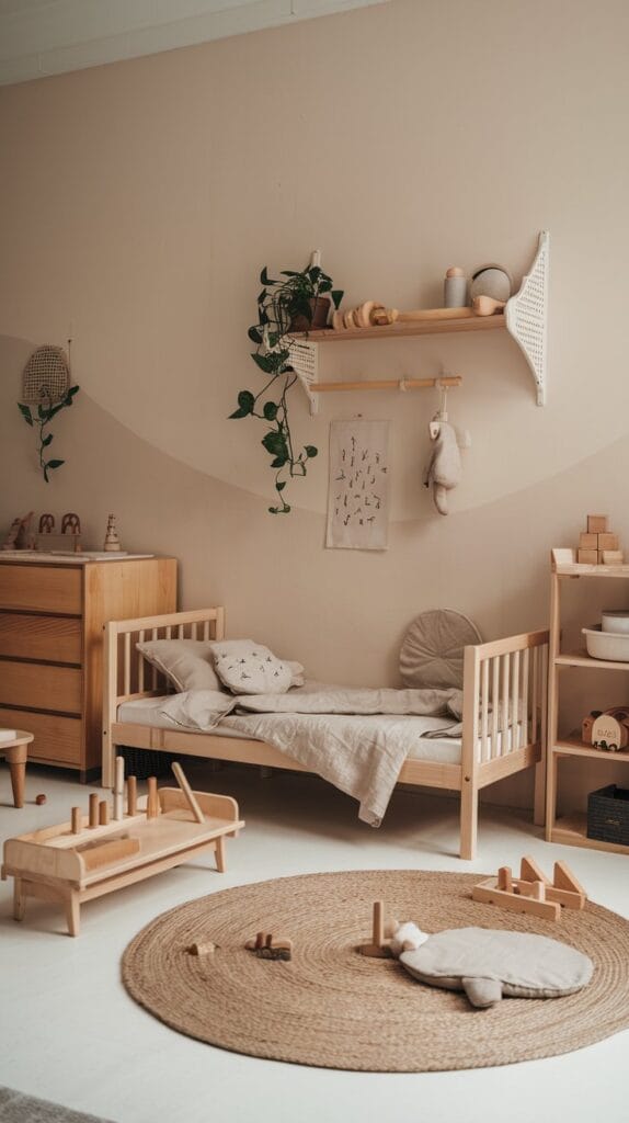 Montessori-inspired minimalist nursery with low furniture and open spaces.