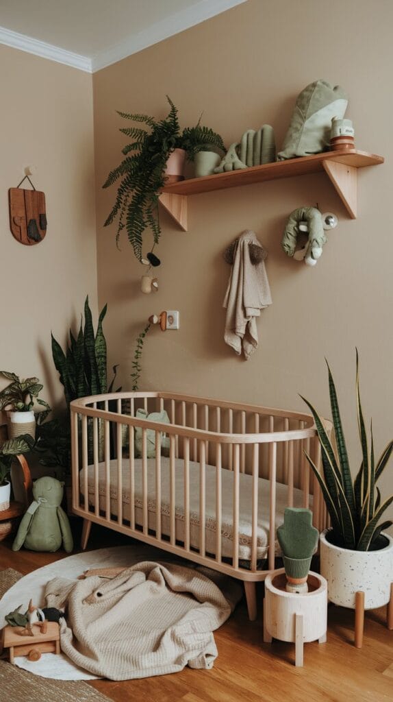 Nature-inspired nursery with earthy tones and natural materials for a tranquil feel.