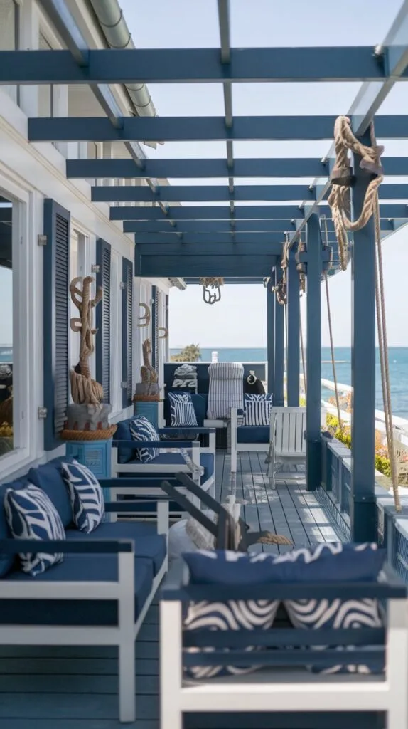 Nautical-inspired terrace with navy blue and seaside decor.