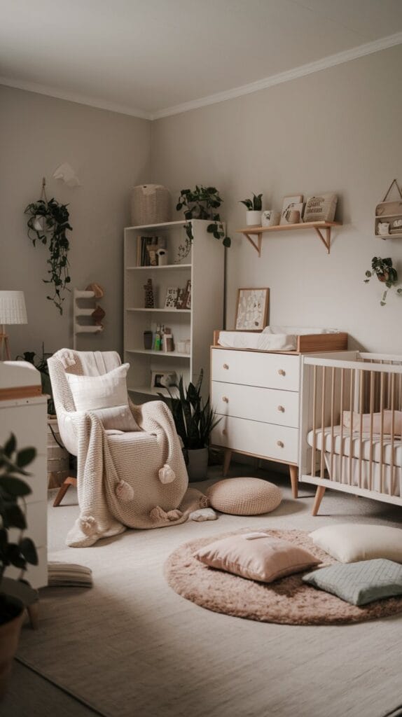 Nursery with soft layered textures and cozy, minimalist decor.
