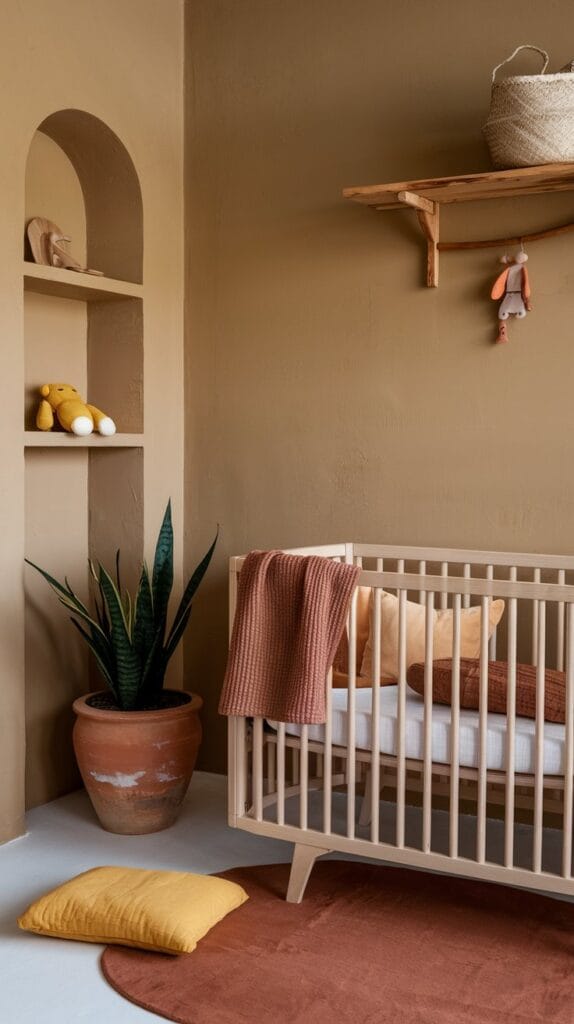 Nursery with earthy tones and natural materials for a cozy and grounded feel.