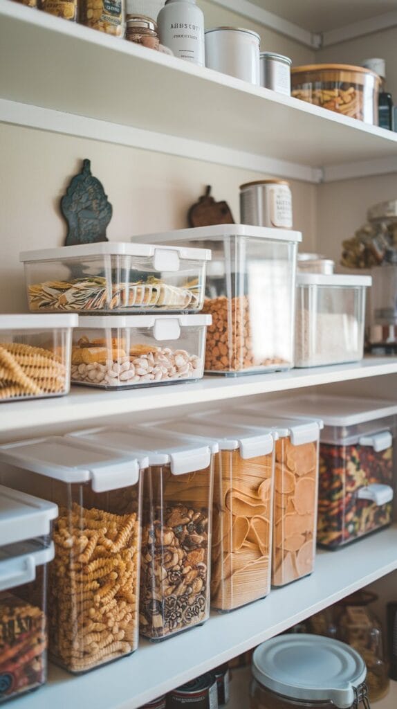 Clear containers in the pantry holding food items.