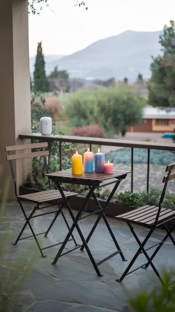 A balcony featuring scented candles and essential oil diffusers for aromatherapy.