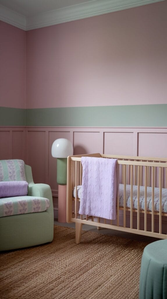 Nursery with muted pastel tones and natural textures for a peaceful retreat.