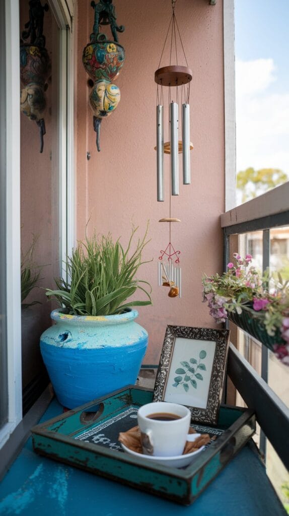 Personalized decor on a small balcony with DIY touches.