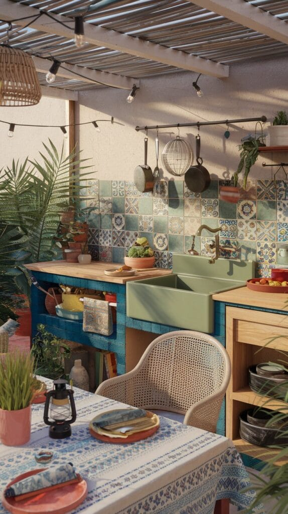 Boho-style outdoor kitchen with rattan furniture, string lights, and colorful tiles.