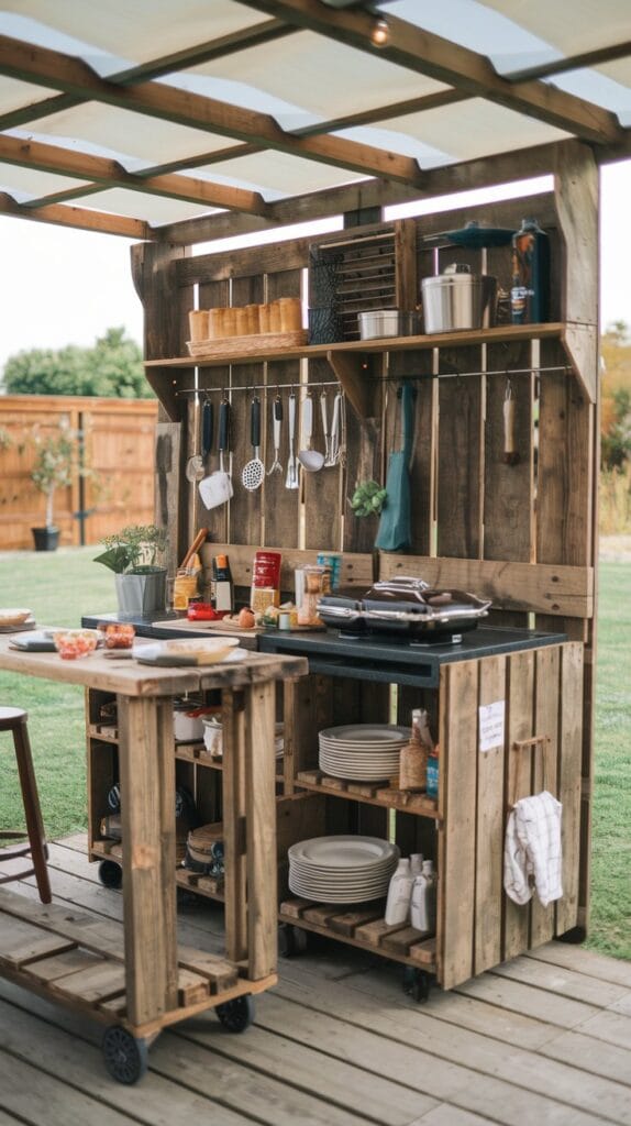 DIY pallet wood outdoor kitchen on wheels with foldable features.