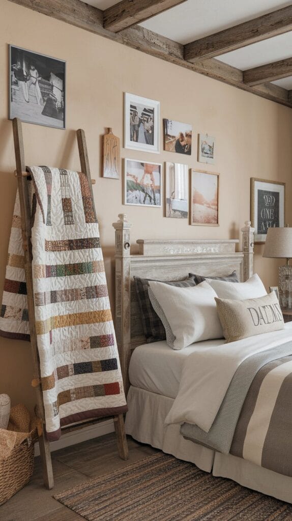 Personalized farmhouse bedroom with photos and quilts.