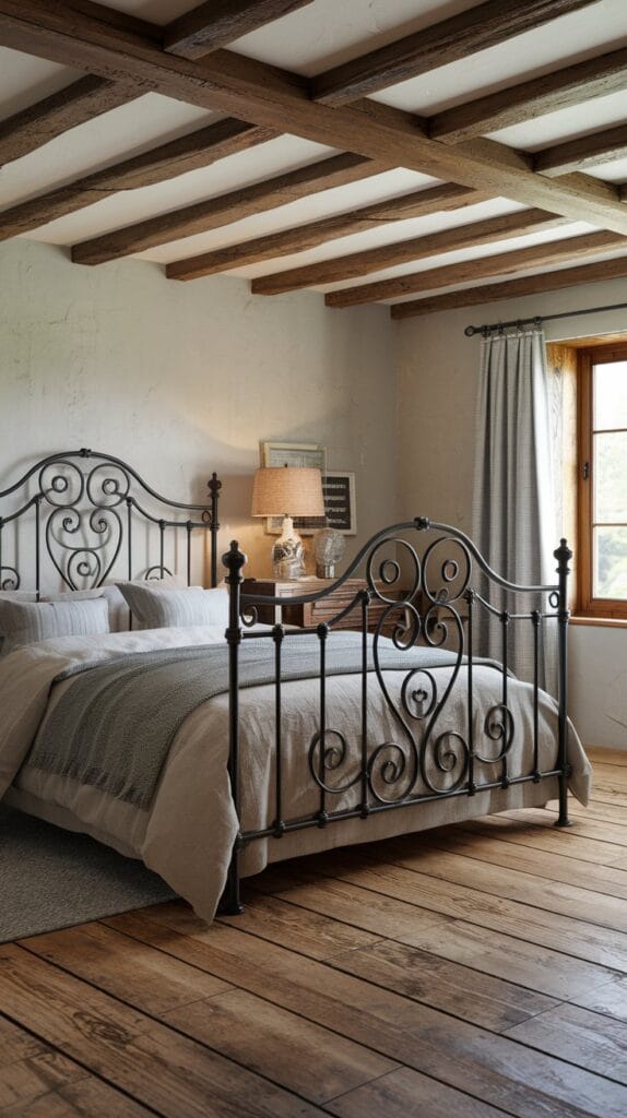 Wrought iron bed frame in a neutral farmhouse bedroom.