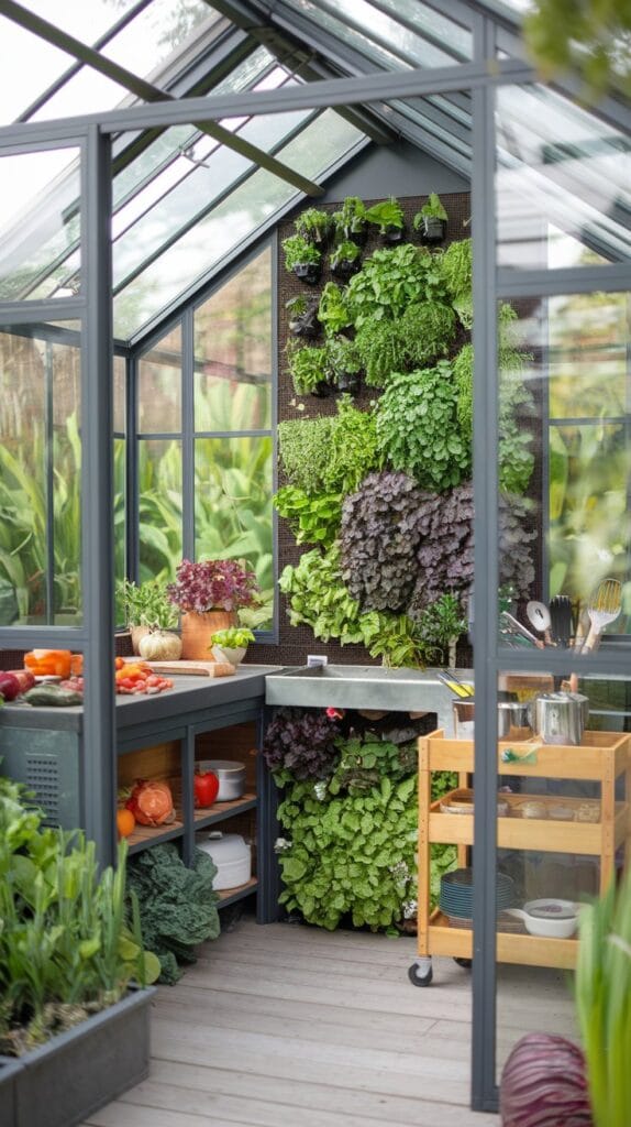 Greenhouse-inspired outdoor kitchen with herb wall and potting station.