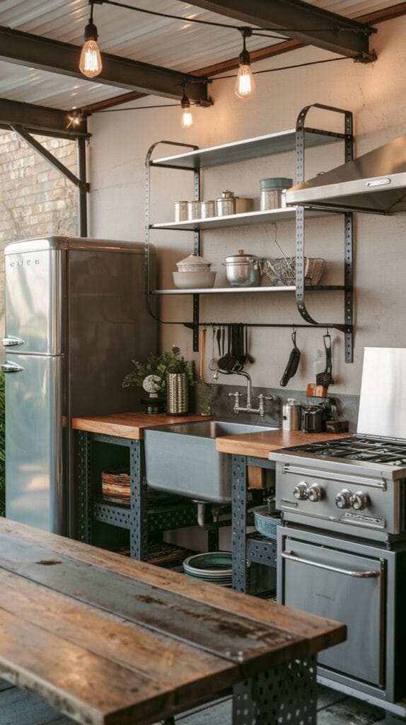 Industrial chic outdoor kitchen with steel appliances and wooden accents.