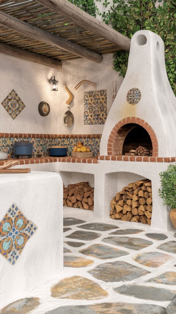 Mediterranean outdoor kitchen with tile accents and stucco walls.