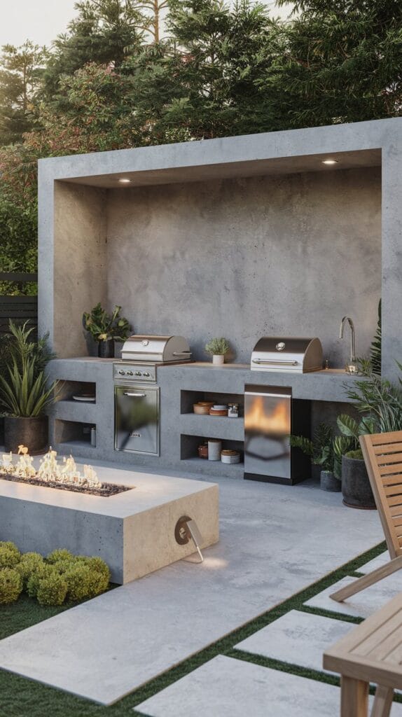 Minimalist concrete outdoor kitchen with fire pit and sleek countertops.