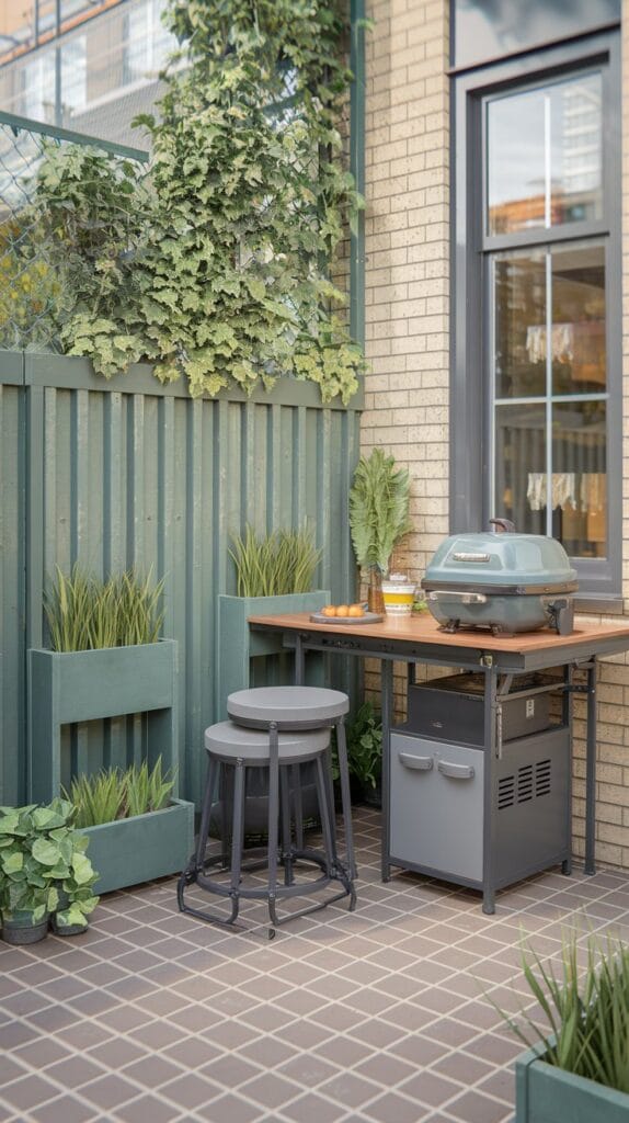 Tiny patio outdoor kitchen with foldable countertops and portable grill.
