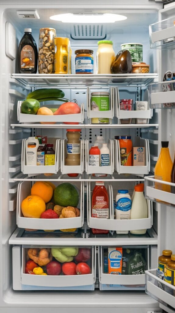 Stackable bins inside a refrigerator for organized storage.