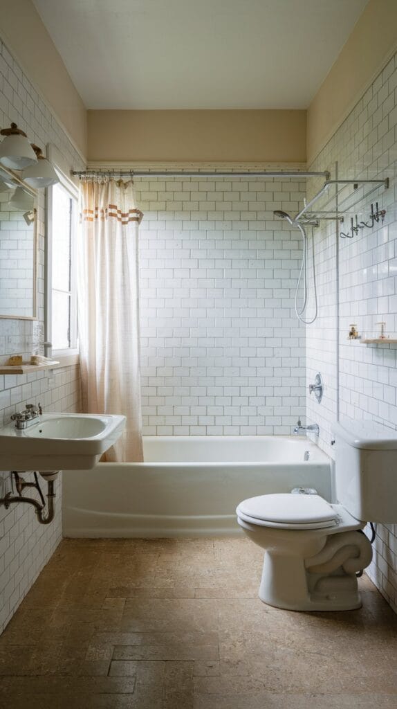 Retro-style towel racks and hooks in a bathroom.