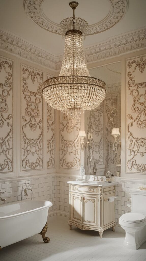 Elegant crystal chandelier lighting in Rococo bathroom.