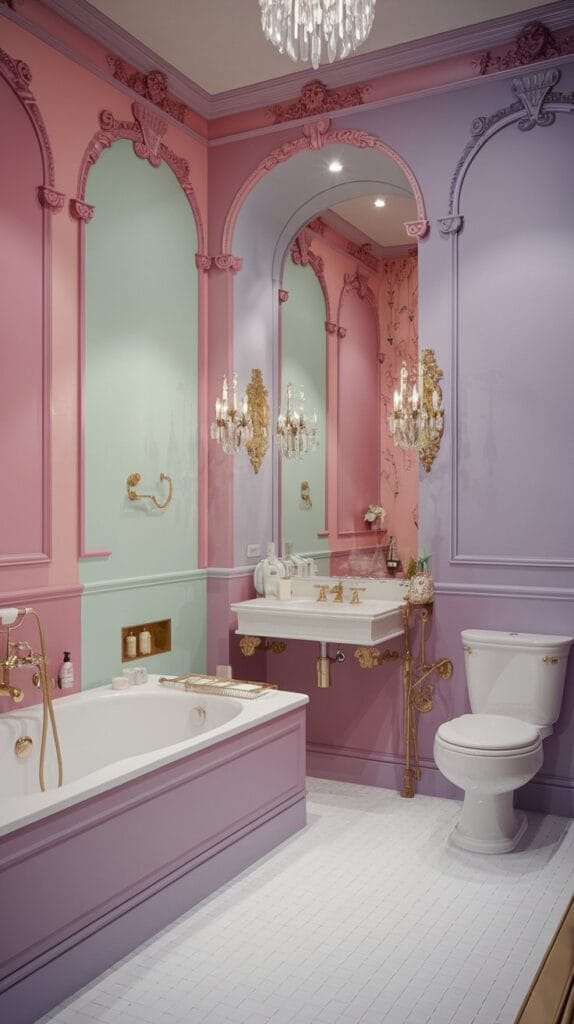 Pastel color palette in Rococo bathroom design.