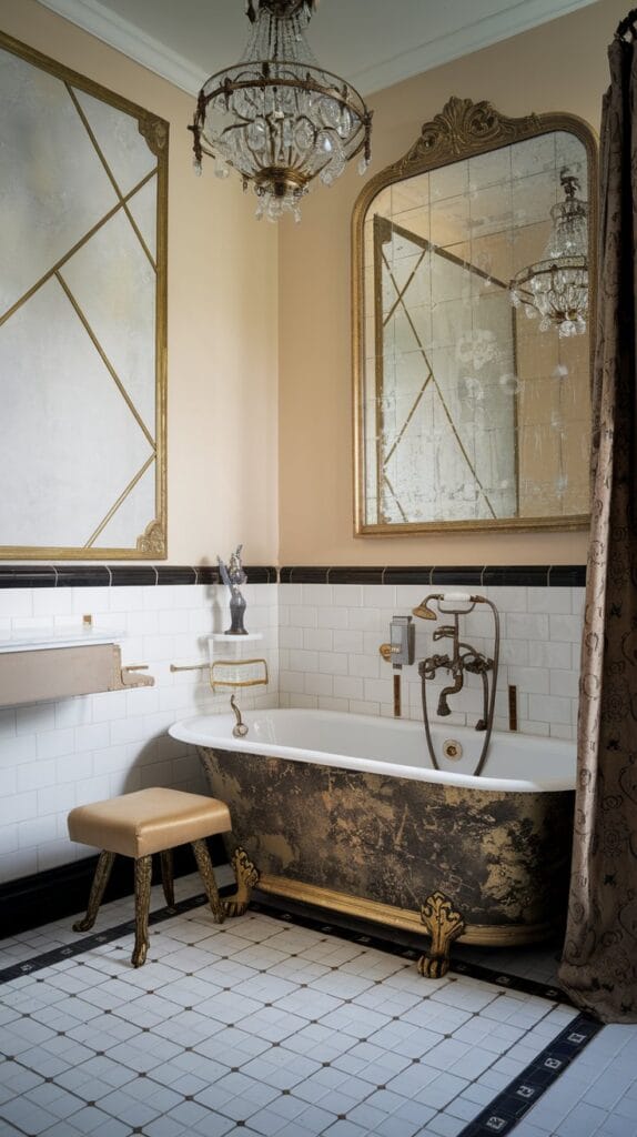 Antique-inspired gold fixtures in Rococo bathroom.