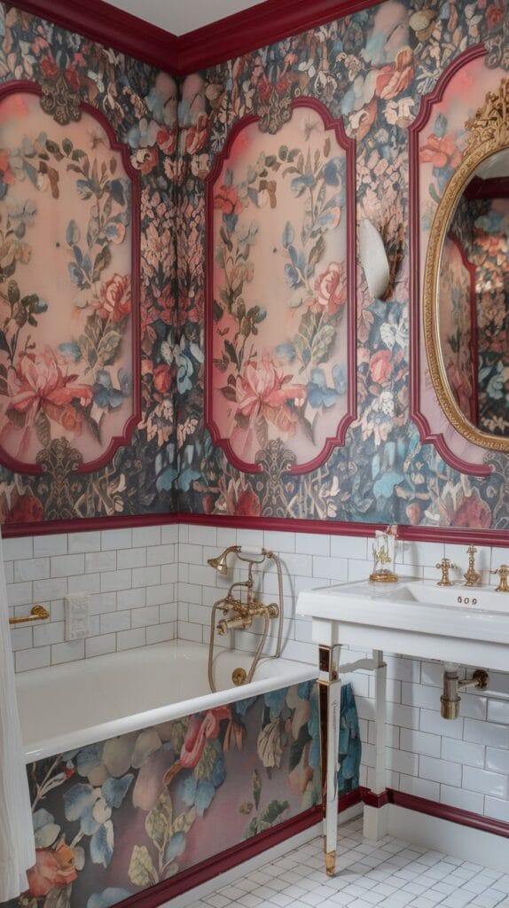 Floral and damask wallpaper in Rococo bathroom.