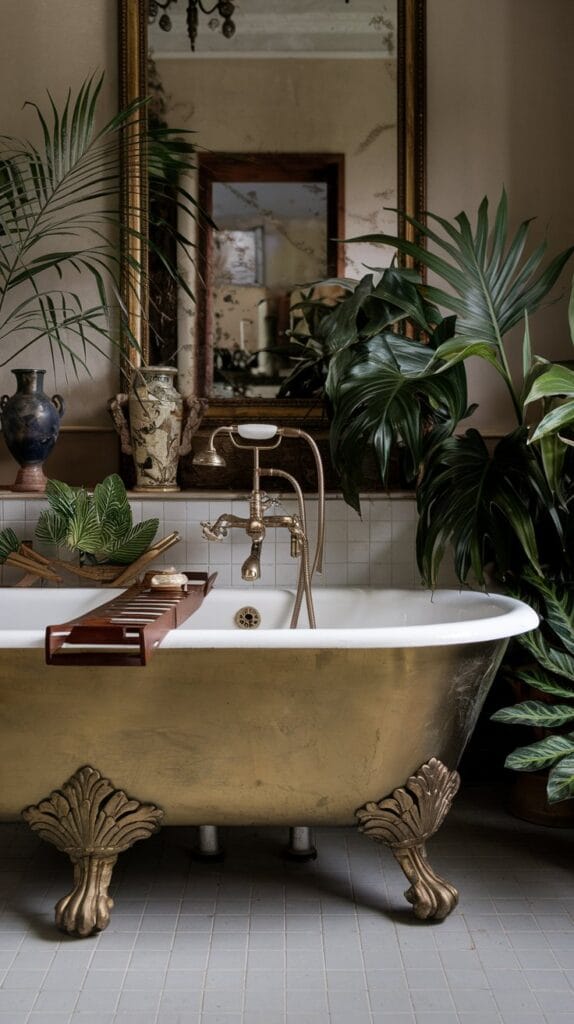 Ornate clawfoot bathtub with gold details in Rococo bathroom.