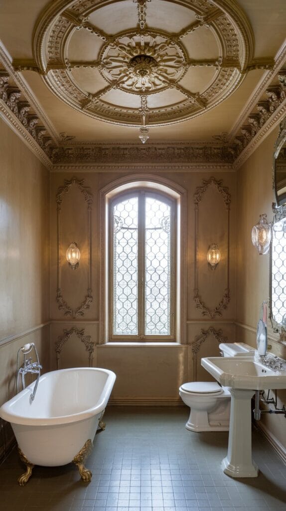 Decorative ceiling medallion in a Rococo bathroom.